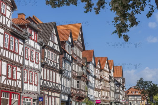 Bad Sooden, Allendorf, Allendorf district, historic old town with numerous half-timbered houses under monument protection, gabled houses, bay windows, Werra-blue sky, clouds, Meissner district, Hesse, Germany
