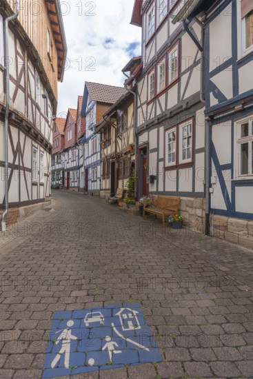 Bad Sooden, Allendorf, Allendorf district, historic old town with numerous half-timbered houses under monument protection, gabled houses, play street sign, benches, flowers, cobblestones, Werra-Meissner district, Hesse, Germany