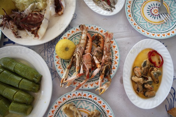 Table set with Greek seafood, Pelion peninsula or Pelion, Thessaly, Greece