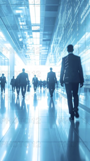 Business, abstract background, blur computer code, silhouette of walking people in a hall, blue hues, AI generated