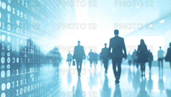 Business, abstract background, blur computer code, silhouette of walking people in a hall, blue hues, AI generated