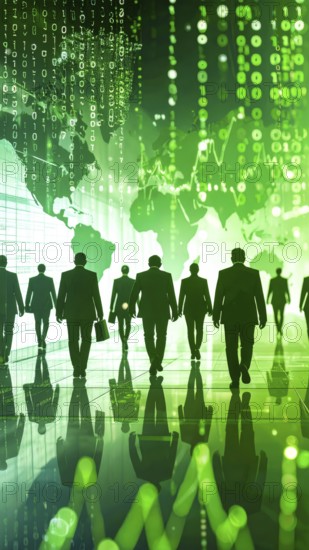 Business, abstract background, blur computer code, silhouette of walking people in a hall, green hues, AI generated