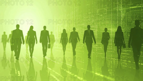 Business, abstract background, blur computer code, silhouette of walking people in a hall, green hues, AI generated