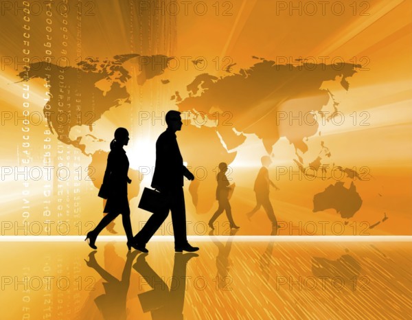 Business, abstract background, blur computer code, silhouette of walking people in a hall, orange hues, AI generated