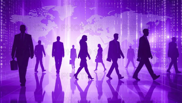Business, abstract background, blur computer code, silhouette of walking people in a hall, purple hues, AI generated