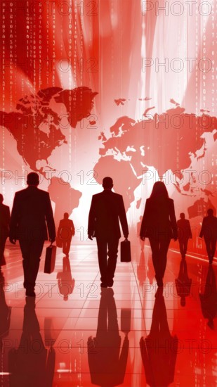 Business, abstract background, blur computer code, silhouette of walking people in a hall, red hues, AI generated