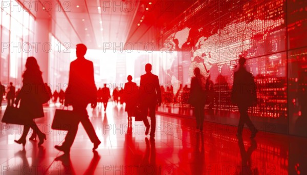 Business, abstract background, blur computer code, silhouette of walking people in a hall, red hues, AI generated