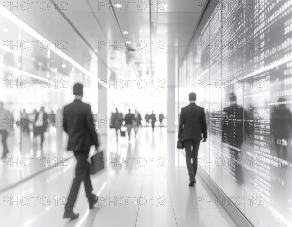 Business, abstract background, blur computer code, silhouettes of walking people, monochromatic black and white, AI generated