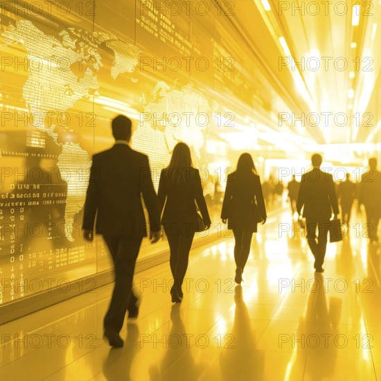 Business, abstract background, blur computer code, silhouette of walking people in a hall, yellow hues, AI generated