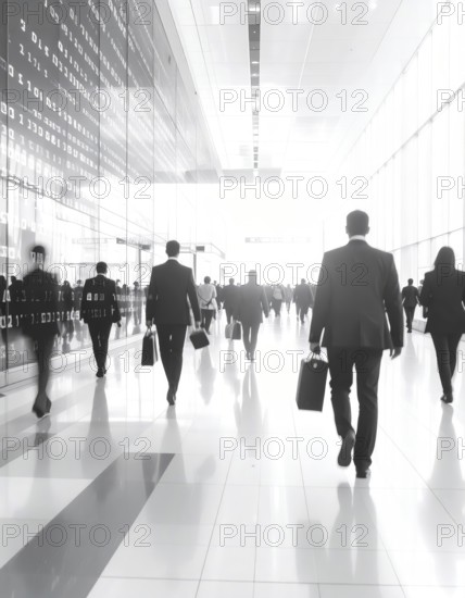 Business, abstract background, blur computer code, silhouettes of walking people, monochromatic black and white, AI generated