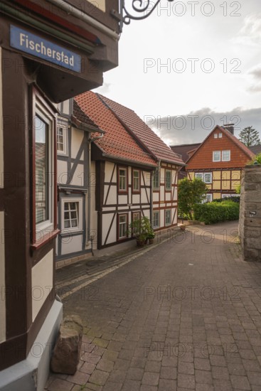 Old fishermen's settlement along the Werra, Bad Sooden, Allendorf, district Allendorf, street Fischerstad under monument protection, lettering street name, row of half-timbered houses, narrow street, Werra-Meissner-Kreis, Hesse, Germany