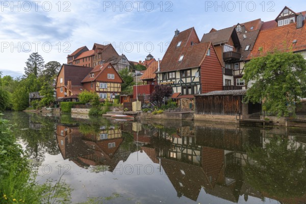 Old fishermen's settlement along the Werra, Bad Sooden, Allendorf, district Allendorf, street Fischerstad under monument protection, half-timbered houses, water reflection, trees, Werra-Meissner-Kreis, Hesse, Germany