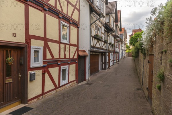 Old fishermen's settlement along the Werra, Bad Sooden, Allendorf, Allendorf district, Fischerstad street under monument protection, row of half-timbered houses, narrow street, Werra-Meissner district, Hesse, Germany