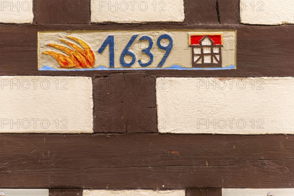 Memorial to the great fire of 1639 on the half-timbered house, Bad Sooden, Allendorf, Allendorf district, Fischerstad street under monument protection, Werra-Meissner district, Hesse, Germany