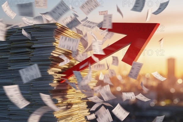 Red arrow crashing through flying financial documents. Concept of economic disruption, market volatility, and collapsing financial systems. Generative AI, AI generated