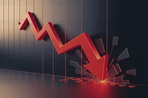 Red arrow crashing downward through chart surface. Symbol of stock market collapse, financial crisis, and economic downturn. Generative AI, AI generated