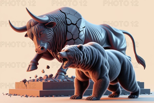 Roaring bear in golden light as bull statue crumbles. Concept of market shift, financial power reversal, and bear market dominance. Generative AI, AI generated