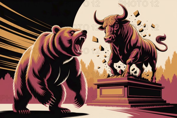 Illustration of roaring bear and bull statue. Concept of market shift, financial power reversal, and bear market dominance. Generative AI, AI generated