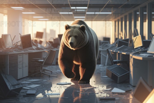 Bear walking through destroyed office in warm light. Concept of financial collapse, bear market dominance, and corporate downfall. Generative ai, AI generated