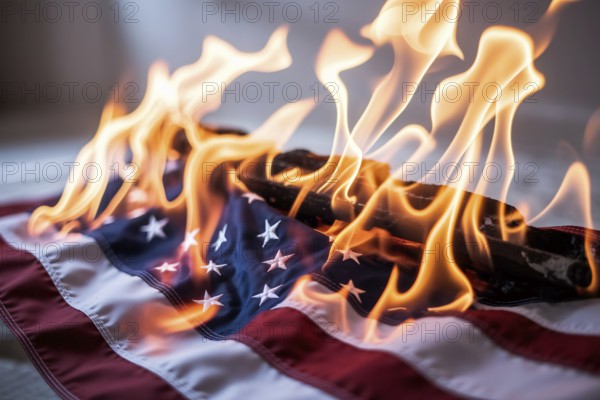 Large fire flames on burning USA flag. Generative ai, AI generated
