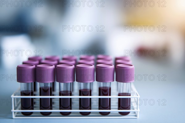 Small vials with pink caps with blood samples in test tube rack. Generative AI, AI generated