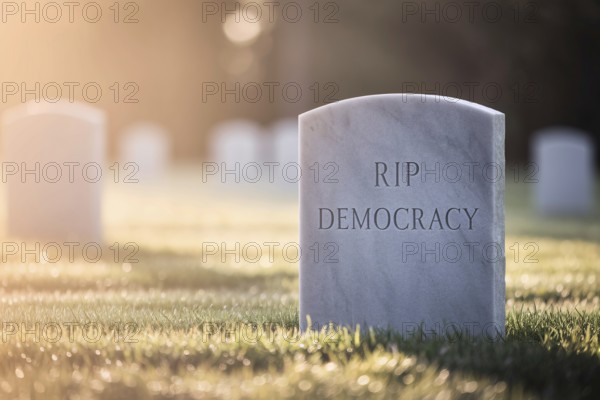 White tombstone in graveyard with text RIP Democracy. Visual metaphor for the decline of democratic values. Generative AI, AI generated