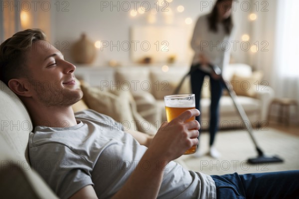 Happy man with beer resting on couch while woman cleans. Mental load and gender imbalance at home. Generative Ai, AI generated