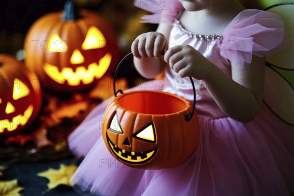 Girl child in pink princess Halloween costume with pumpkin shaped candy bucket in costume. Generative AI, AI generated