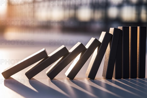 Identical black bricks cascading in warm light with urban blur. Concept of structure, uniformity, and modern architectural rhythm, or market collaps. Generative AI, AI generated