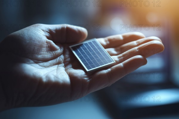 Hand holding micro solar cell in soft lab light. Concept of renewable energy, sustainable innovation, and human-tech interface. Generative AI, AI generated