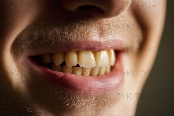 Close-up of stained male teeth revealing nicotine discoloration and enamel texture. Generative ai, AI generated