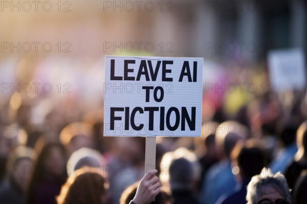 Protest sign reading Leave AI to fiction held in crowd during sunset demonstration. Generative ai, AI generated
