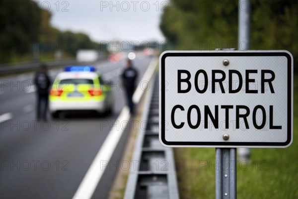White road sign saying 'Border control' with blurry police car and offecers in background, AI generated