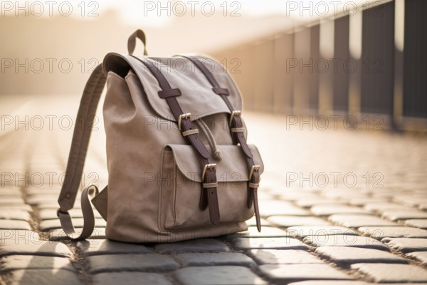 Backpack lying on empty road, symbolizing journey or travel. Generative ai, AI generated