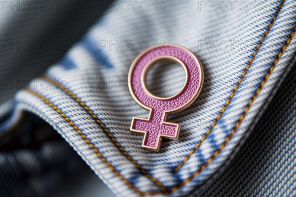 Pink female gender symbol pin attached to denim jacket, symbol of feminism and identity. Generative ai, AI generated