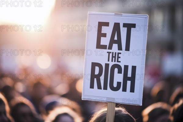 Close up of protest sign with text Eat the rich with blurry crodw of people. Generative AI, AI generated
