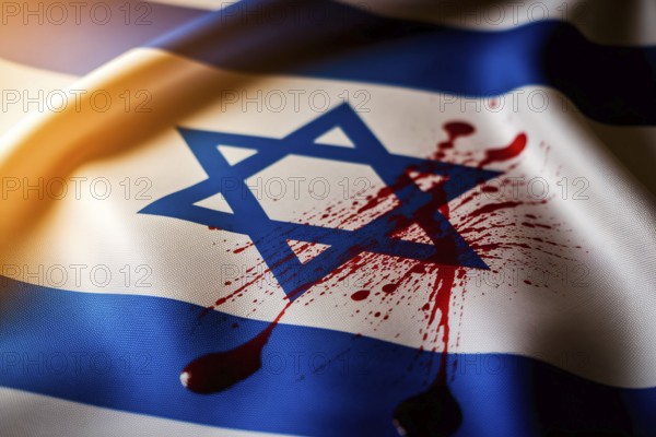 Close up of Israeli flag with red splatter. Symbol of war with palestine. Generative AI, AI generated