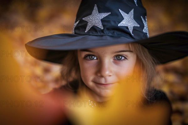 Young cucasian female child in witch costume with autumn leaves. Generative AI, AI generated