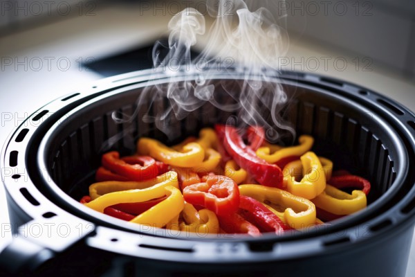 Close up of colorful bell pepper slices steaming in air fryer. Generative Ai, AI generated