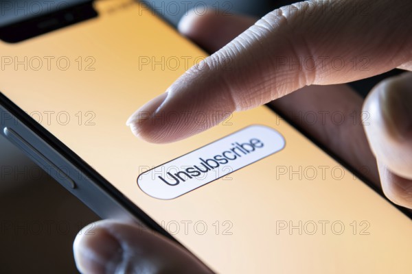 Person's finger hovering over unsubscribe button on mobile phone screen. Generative Ai, AI generated
