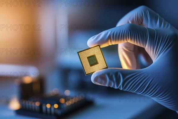 Gloved hand holding small microchip. Generative Ai, AI generated