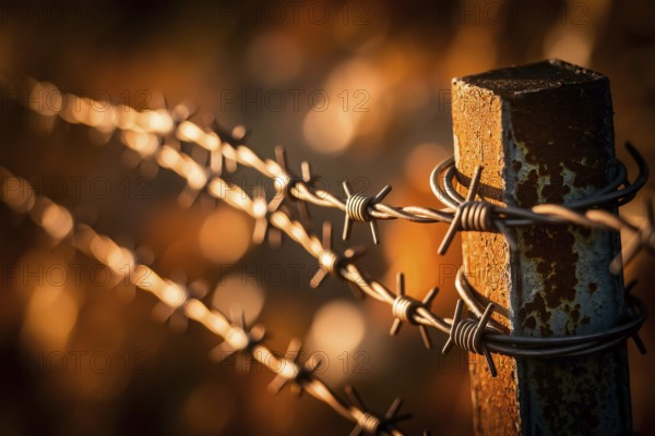 Close-up of rusty barbed wire fence with orange light. Generative Ai, AI generated