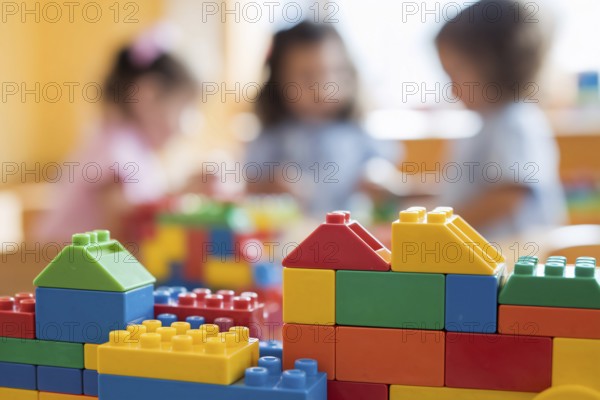 Colorful building bricks in sharp focus with children playing in the background, capturing the lively atmosphere of a child daycare center. Generative AI, AI generated