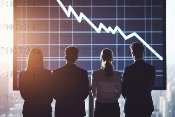 Four businesspeople looking at graph with stock market crash. Concept of financial loss, economic downturn, and emotional impact of market volatility. Generative ai, AI generated