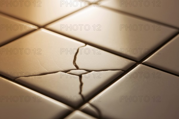 Cracked bathroom tile with water droplet in warm light. Concept of home repair, structural damage, and beauty in imperfection. Generative AI, AI generated