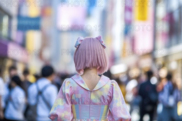 Girl in pastel Lolita dress walking through Harajuku. Concept of Japanese street fashion, youth identity, and urban style expression. Generative AI, AI generated