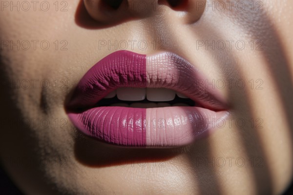 Close-up of lips with split lipstick colors. Concept of beauty contrast, cosmetic choice, and duality in personal style. Generative ai, AI generated