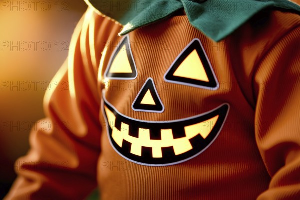 Jack-o'-lantern face on child's pumpkin costume. Concept of Halloween detail, seasonal charm, and playful autumn celebration. Generative Ai, AI generated