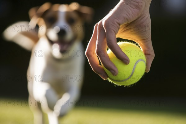 Close up of hand holding tennis ball with happy dog running towards it, companionship, and playful bond between human and dog. Generative ai, AI generated