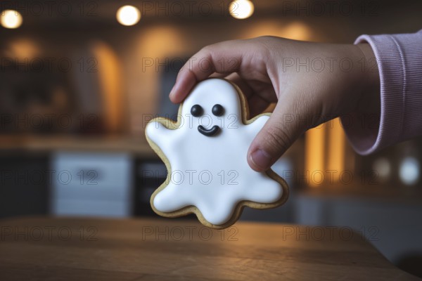 Child's hand holding ghost-shaped Halloween cookie with white icing and smiling face in warm kitchen light. Generative ai, AI generated